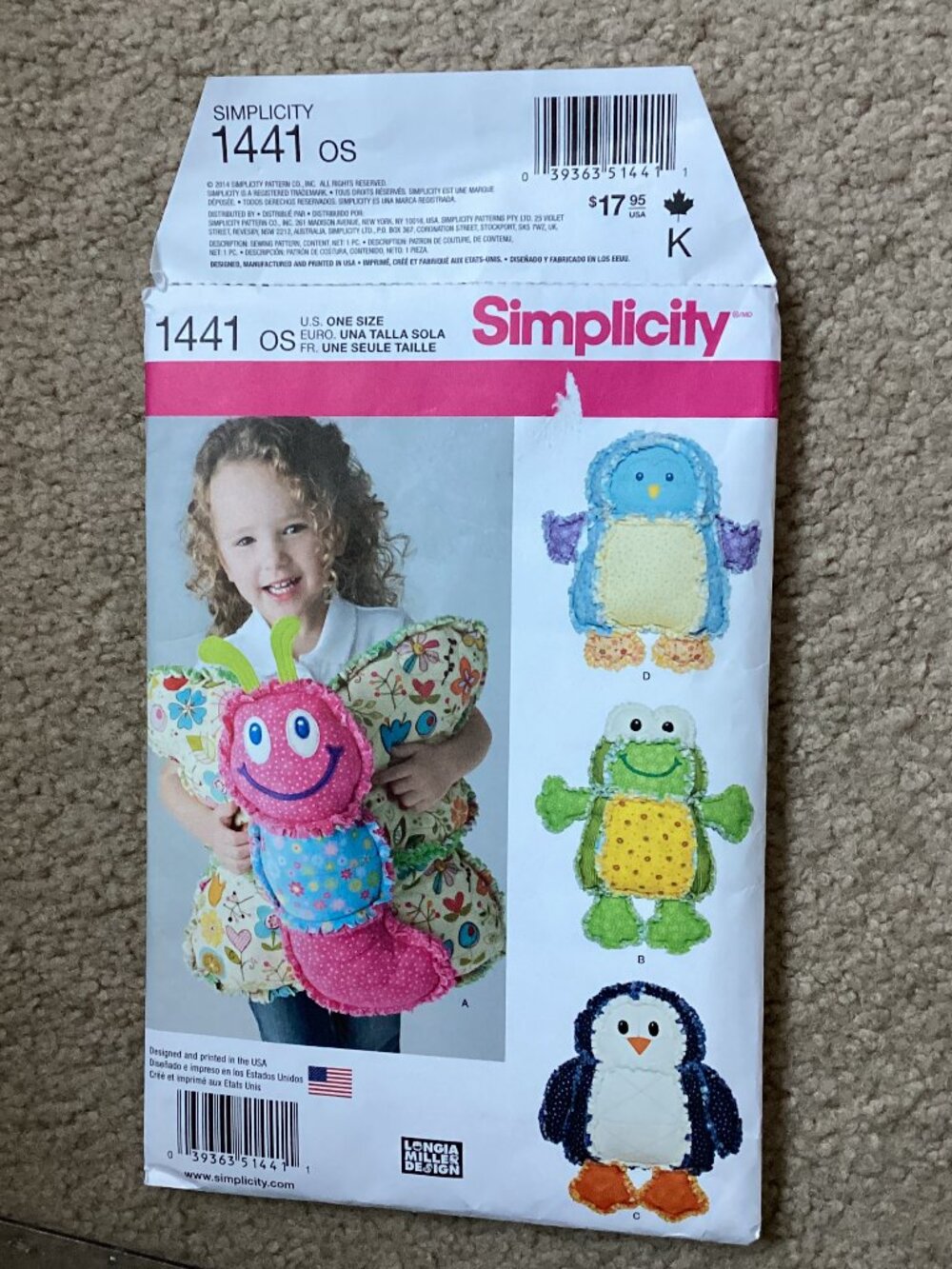 Simplicity #1441 Children's Rag Quilted Animal Pillow Sewing Pattern